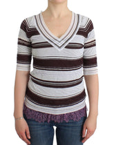 Ermanno Scervino Striped Lace V-Neck Short Sleeve Top Sweater